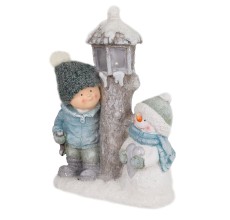 Керамическая фигура с LED подсветкой «Мальчик со снеговиком», 44,5*31 см  (AT122-22152C)