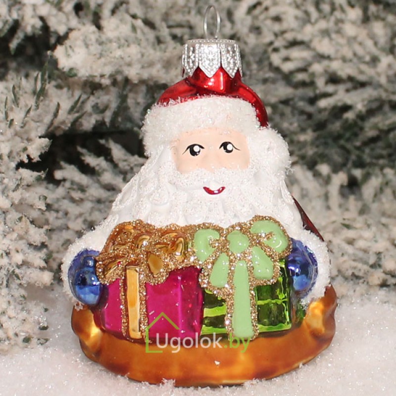 Стеклянная игрушка на ёлку Санта с подарками (ручная работа)