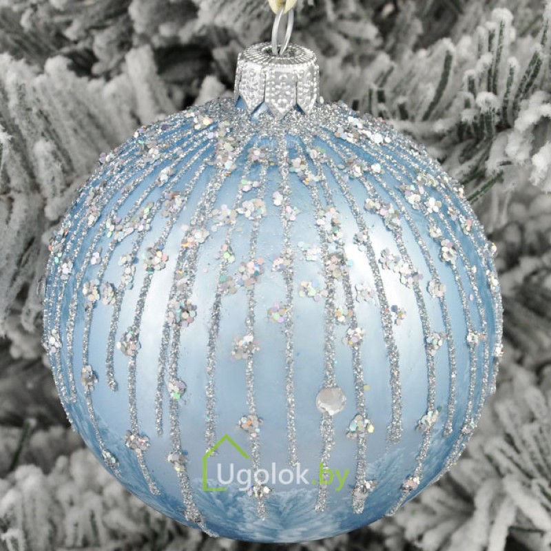 Новогодний стеклянный шар 8 см Д-294-2 голубой (ручная работа)