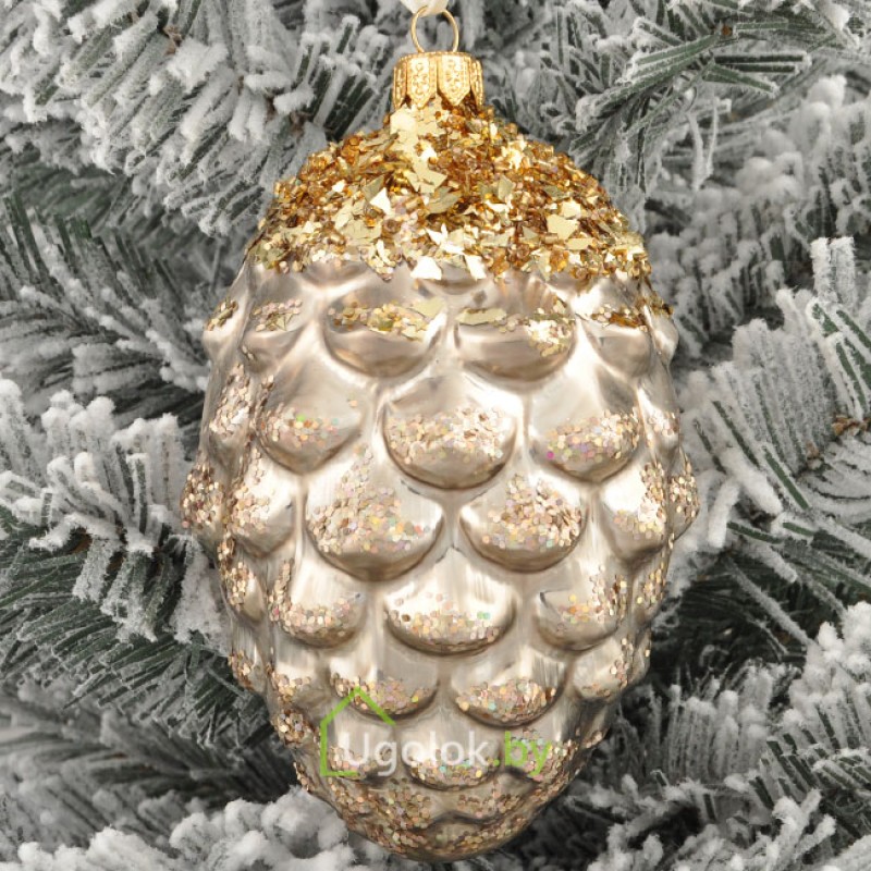 Стеклянное новогоднее украшение Шишка сосновая серая с золотом (ручная работа)