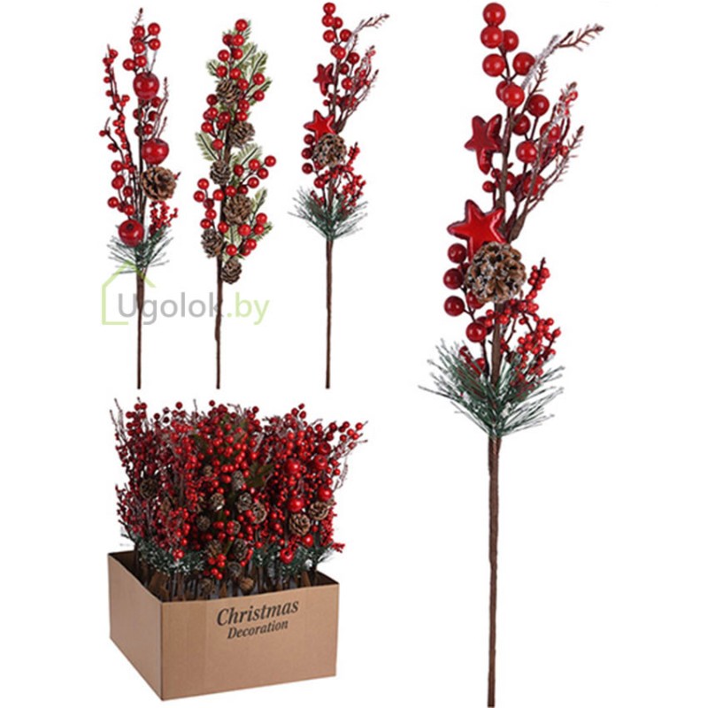 Ветка декоративная с ягодами и шишками 55 см, красная, в ассортименте