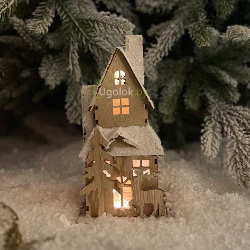 Сувенир новогодний Домик деревянный с оленем 20 см LED в ассортименте