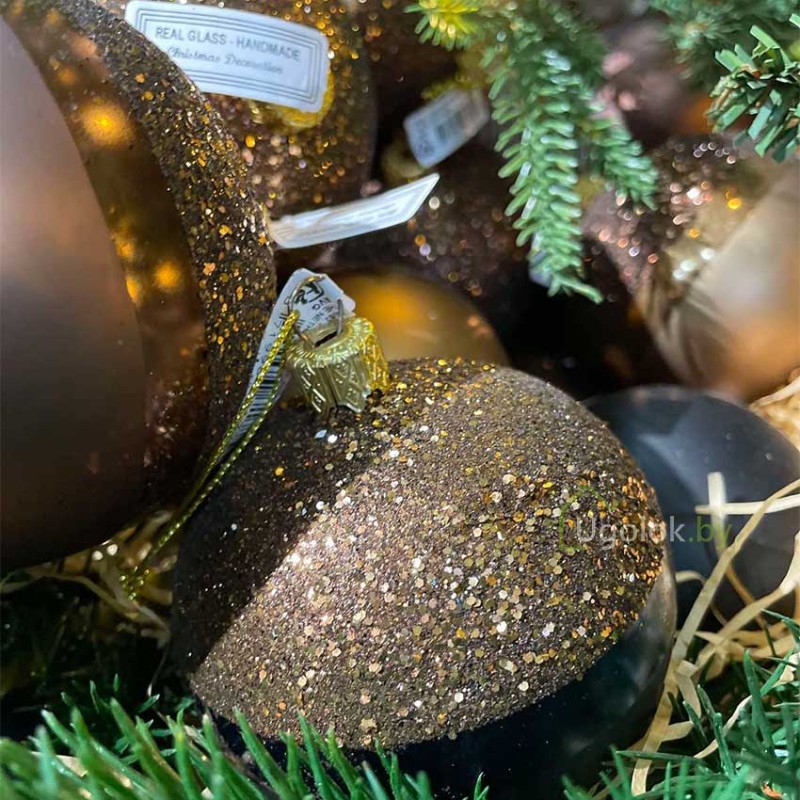 Шар новогодний елочный с коричневыми блестками 8 см в ассортименте
