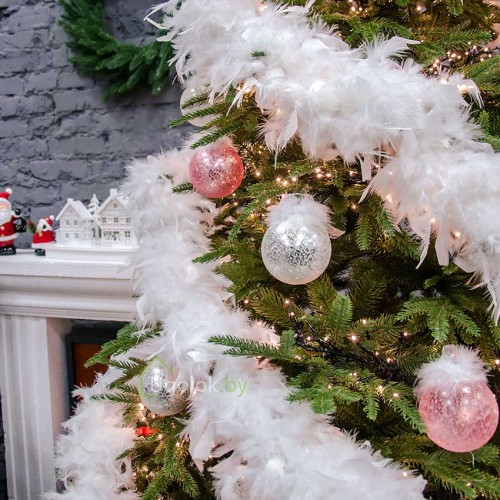 Елочное украшение Шар микс с перьями Kaemingk 1 шт. 8 см белый, розовый