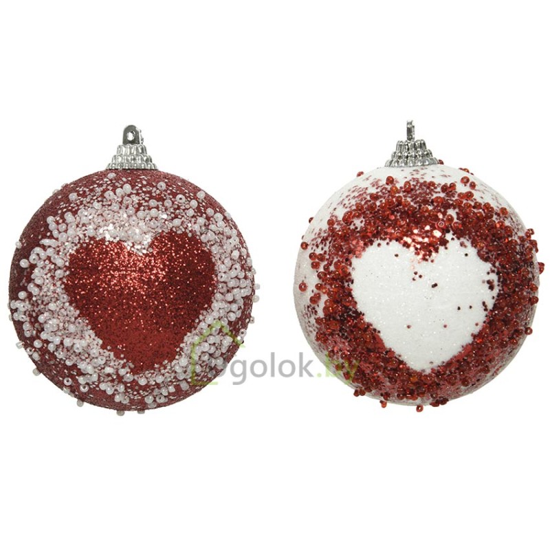 Елочное украшение Шар с сердечком Kaemingk 1 шт., 8 см, белый, красный