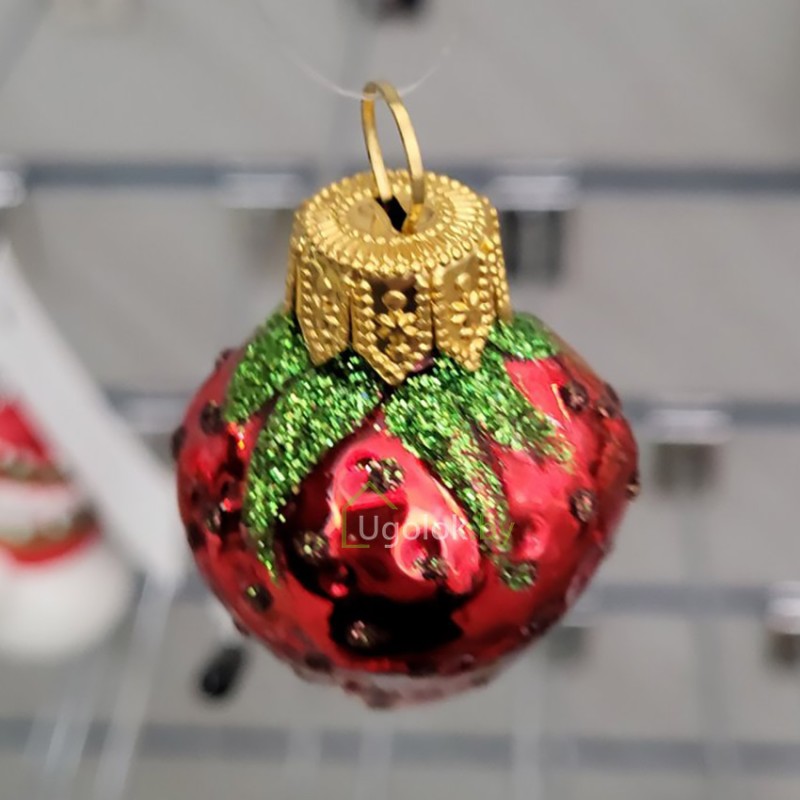Стеклянное новогоднее украшение Клубника красный глянец (ручная работа)