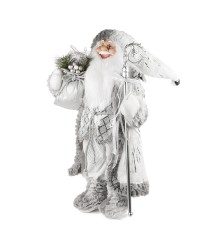 Дед Мороз в серебряной шубке с посохом и подарками, 30 см (21830-30)