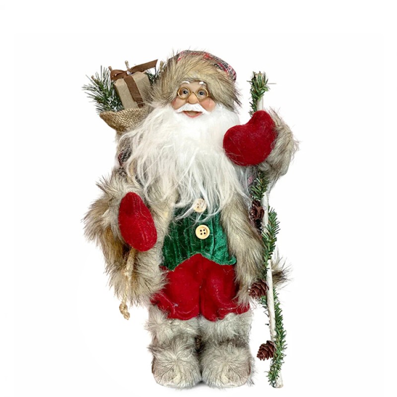 Дед Мороз в серой клетчатой шубке с посохом, 30 см (241467-30)